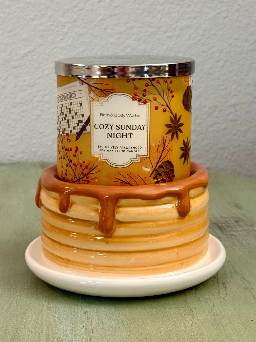 2-Pc Bath & Body Works PANCAKE STACK 3-Wick Candle Holder COZY SUNDAY NIGHT Set